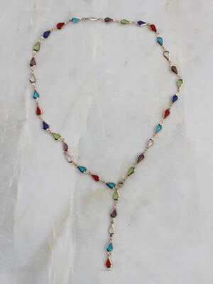 Renkli Taşlı Zarif Altın Kaplama Su Damlası Tasarım Kolye - 1